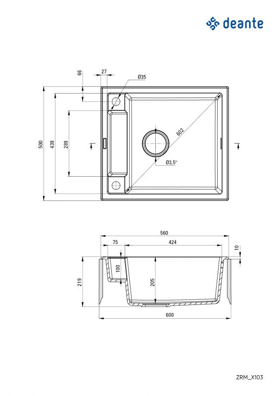 Мийка кухонна Deante Magnetic, граніт, квадрат, без крила, 560х500х219мм, чаша - 1, врізна, антрацит