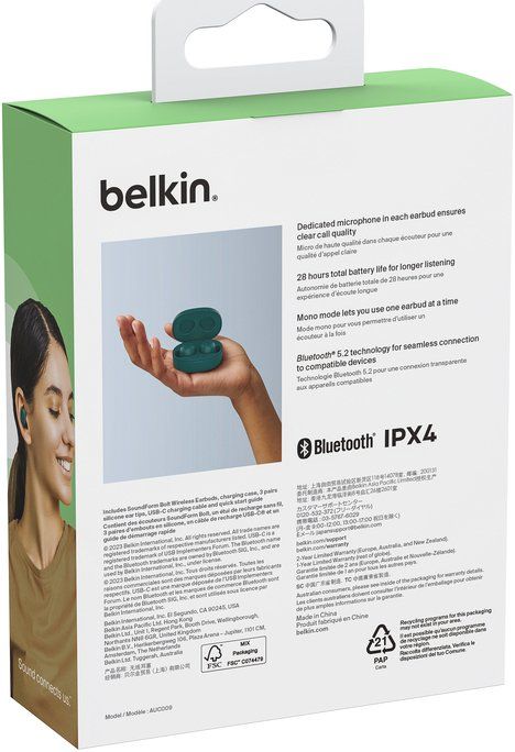Навушники TWS Belkin Soundform Bolt True Wireless, бірюзовий