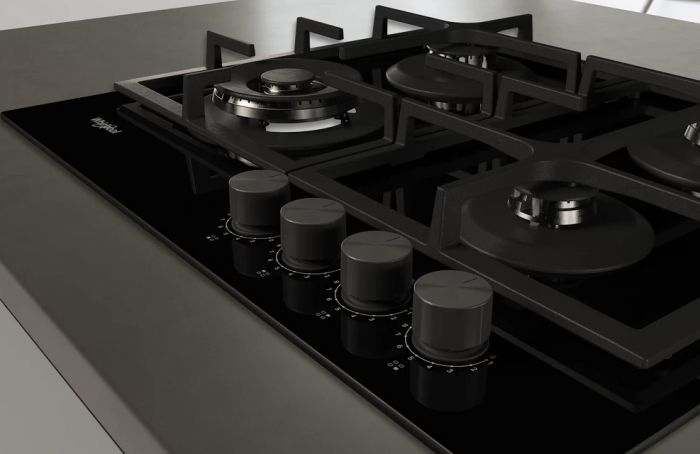 Варильна поверхня Whirlpool газова, 60см, чавун, конфорка з подвійним рядом полум'я, чорний