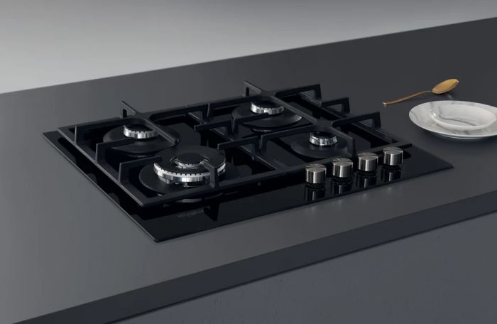 Варильна поверхня Whirlpool газова, 60см, чавун, конфорка з подвійним рядом полум'я, чорний