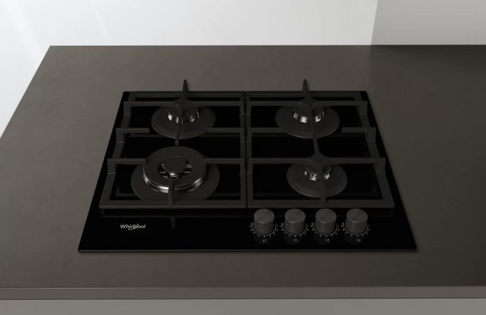 Варильна поверхня Whirlpool газова, 60см, чавун, конфорка з подвійним рядом полум'я, чорний