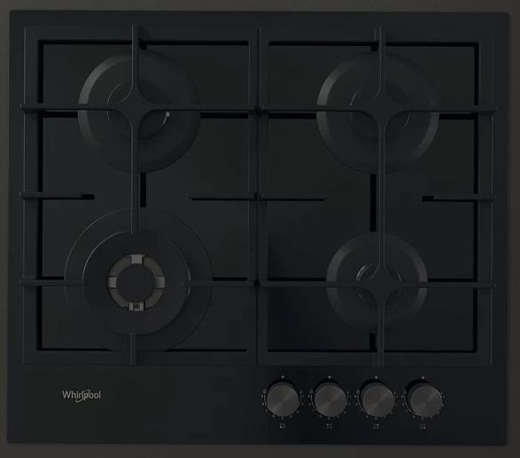 Варильна поверхня Whirlpool газова, 60см, чавун, конфорка з подвійним рядом полум'я, чорний