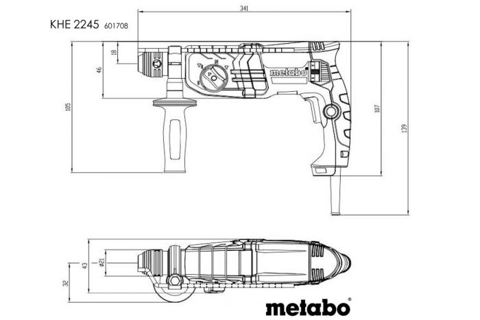 Перфоратор Metabo KHE 2245, 750Вт, SDS-plus, 2.2Дж, 3 режими, 0-1500об/хв, 2.7кг