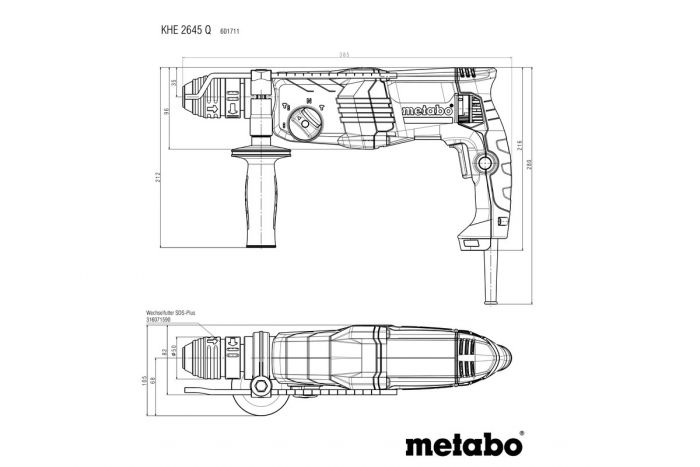 Перфоратор Metabo KHE 2645 Q, 850Вт, SDS-plus, 2.9Дж, 3 режими, 0-1150об/хв, 3.1кг
