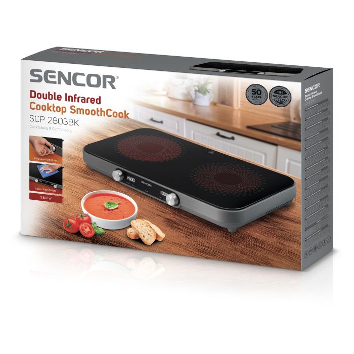 Електроплитка Sencor SmoothCook SCP2803BK, 2 конфорки, склокераміка, 2200Вт+1300Вт, чорний