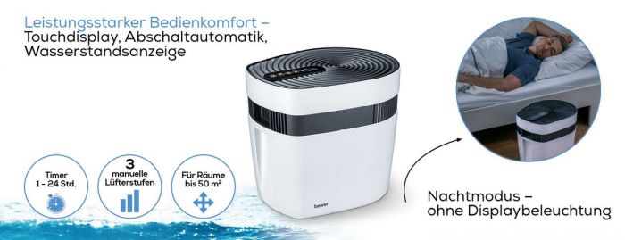 Очисник повітря Beurer Maremed, 50м2, 150м3/год, дисплей, 2-грубої очистки+1 водяний, створення морського клімату, білий