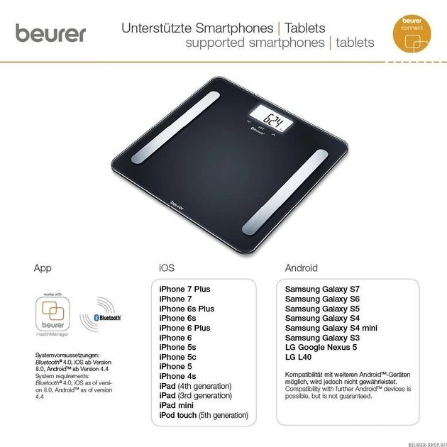 Ваги Beurer підлогові, 180кг, підкл. до смартфону, сенс. керування, 2хААА в комплекті, скло, чорний