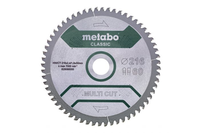 Пильне полотно Metabo MULTI CUT - CLASSIC, 216X30, Z60 FZ/TZ, 5°NEG, 216*2.4*30мм, 60 зубців, товщина 1.8мм