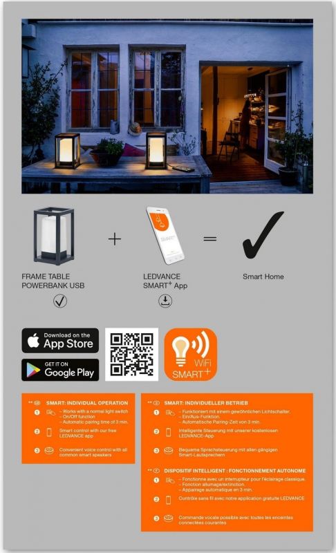 Світильник розумний LEDVANCE SMART WIFI OUTDOOR TABLEFRAME POWERBANK RGBW, 5W, USB, 270Lm, 5200 mAh,Wi-Fi, чорний