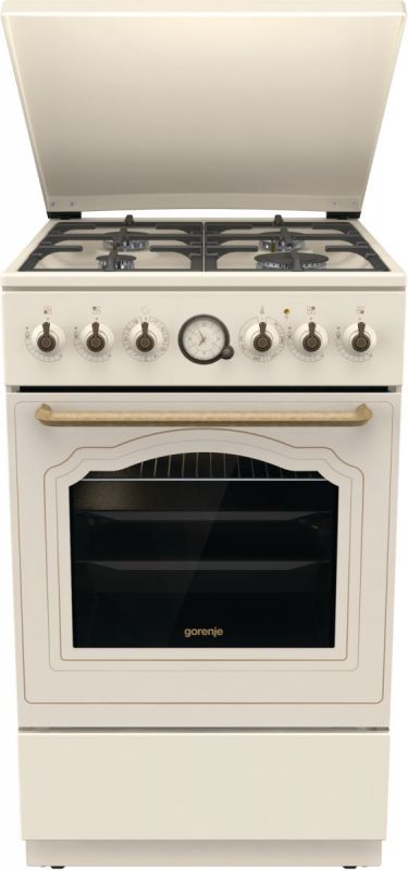 Плита Gorenje комбінована, 70л, 50x60см, дисплей, газ-контроль, чавун, слонової кістки