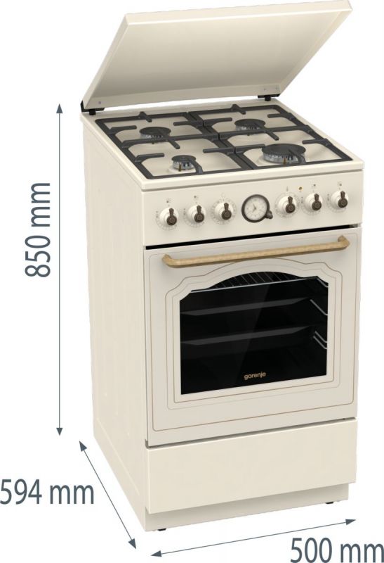Плита Gorenje комбінована, 70л, 50x60см, дисплей, газ-контроль, чавун, слонової кістки