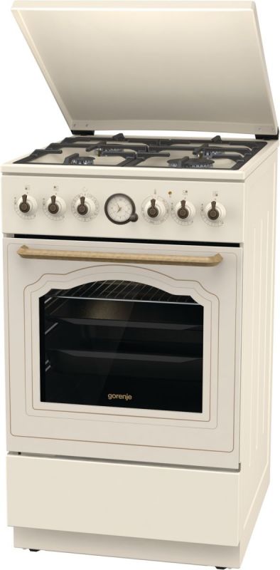 Плита Gorenje комбінована, 70л, 50x60см, дисплей, газ-контроль, чавун, слонової кістки