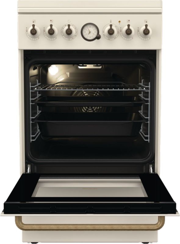 Плита Gorenje комбінована, 70л, 50x60см, дисплей, газ-контроль, чавун, слонової кістки