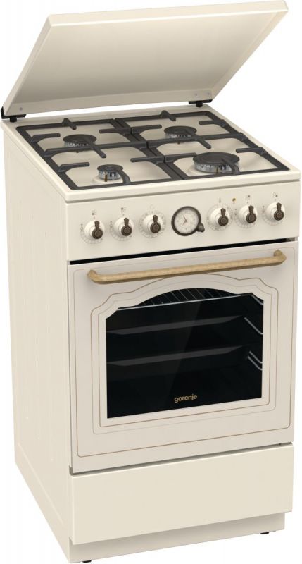 Плита Gorenje комбінована, 70л, 50x60см, дисплей, газ-контроль, чавун, слонової кістки