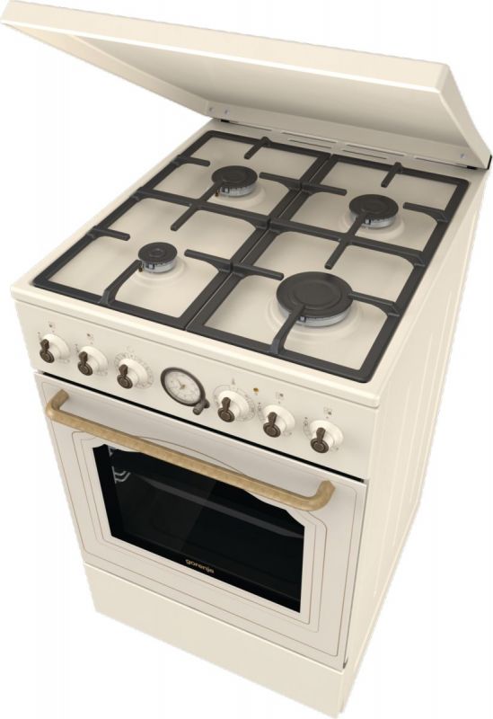 Плита Gorenje комбінована, 70л, 50x60см, дисплей, газ-контроль, чавун, слонової кістки