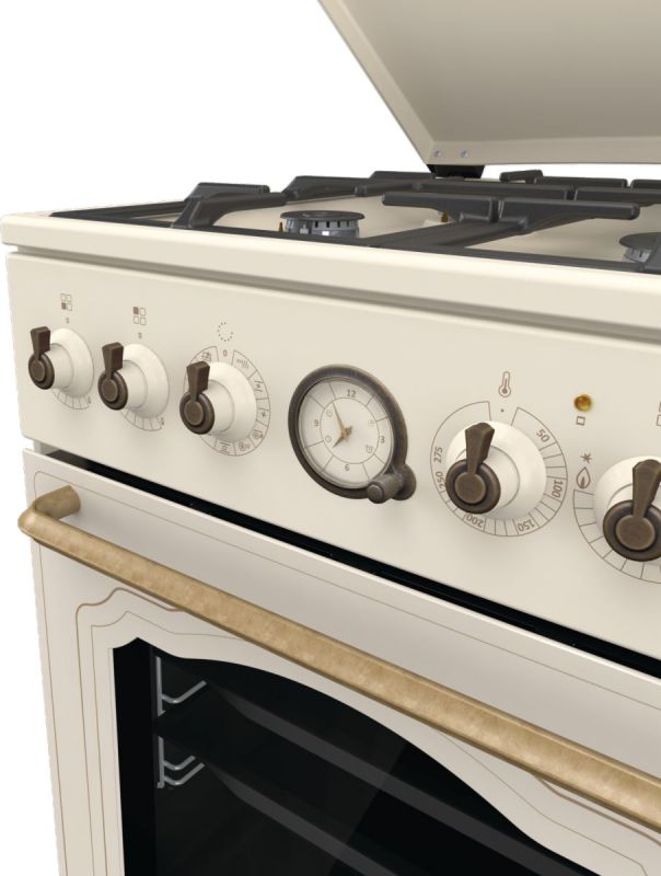 Плита Gorenje комбінована, 70л, 50x60см, дисплей, газ-контроль, чавун, слонової кістки