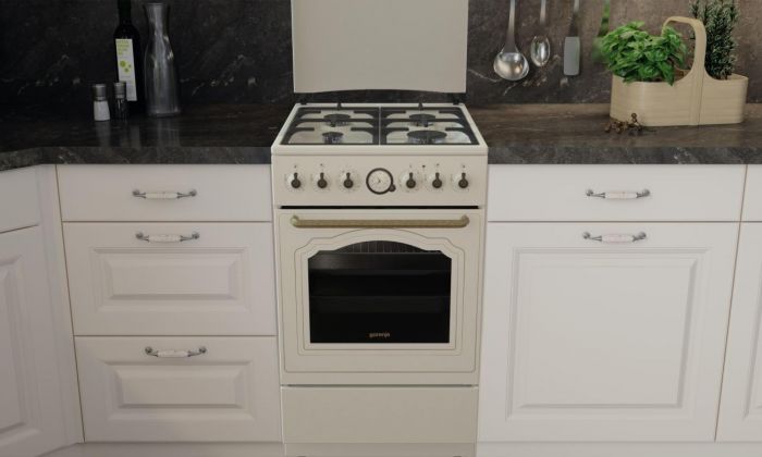 Плита Gorenje комбінована, 70л, 50x60см, дисплей, газ-контроль, чавун, слонової кістки