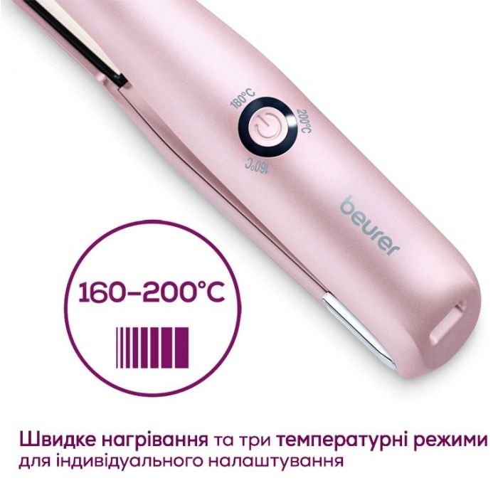 Випрямляч Beurer, безпровідний, mini-USB, 25Вт, темп.режимов-3, >200С, заряд на 20хв, кераміка, турмалін, рожевий