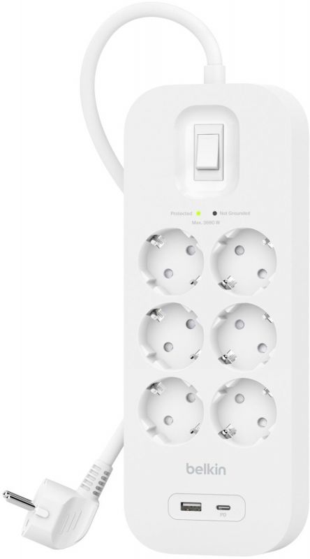 Подовжувач-фільтр мережевий Belkin 6хТип F, 3x1.5мм кв, 16А, USB-A/USB-C 18Вт, з захистом від перенапруги, 2м, білий