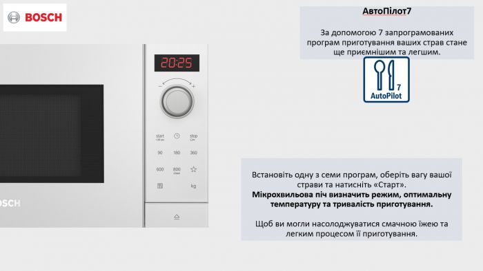 Мікрохвильова піч Bosch, 20л, ел. управл., 800Вт, білий