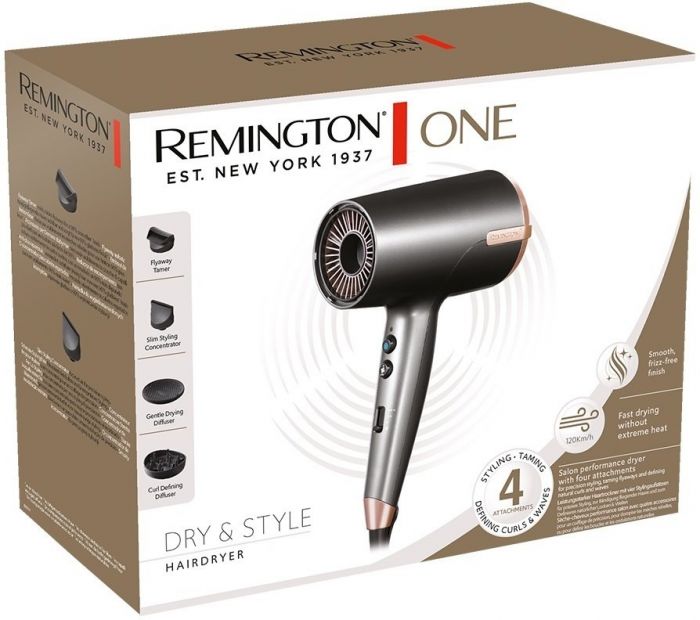 Фен Remington ONE, 2000Вт, 8 режимів, дифузор,чохол,іоніз-я, хол. обдув, термо-сенсор, сірий