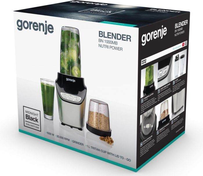 Блендер Gorenje стаціонарний, 1000Вт, чаша-1000мл, подрібнювач, чорний