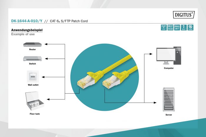 Патч-корд DIGITUS CAT 6a S-FTP, 1м, AWG 26/7, Cu, LSZH, жовтий