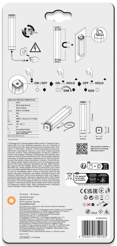 Нічник ліхтарик LEDVANCE LINEAR TASKLIGHT акумуляторний 6,9W 400Lm 6500К 20см IP54 білий