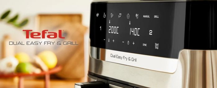Мультипіч Tefal Dual EasyFry&Grill AirFryer, 2700Вт, чаша-5.2+3.1л, сенсорне керув., 2 чаши, гриль, пластик, сіро-чорний