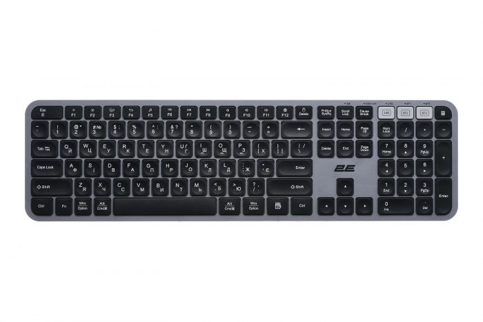 Клавіатура мембранна 2E KS240 110key, WL/BT, EN/UK, сіро-чорний