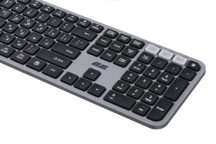 Клавіатура мембранна 2E KS240 110key, WL/BT, EN/UK, сіро-чорний