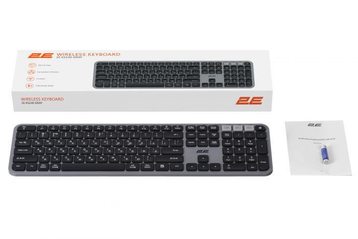 Клавіатура мембранна 2E KS240 110key, WL/BT, EN/UK, сіро-чорний