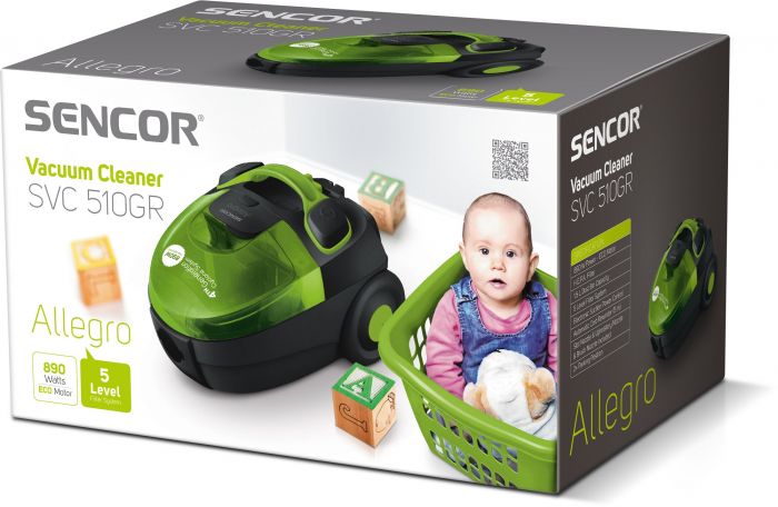 Пилосос Sencor контейнерний Allegro, 890Вт, конт пил -1,5л, НЕРА, чорно-зелений