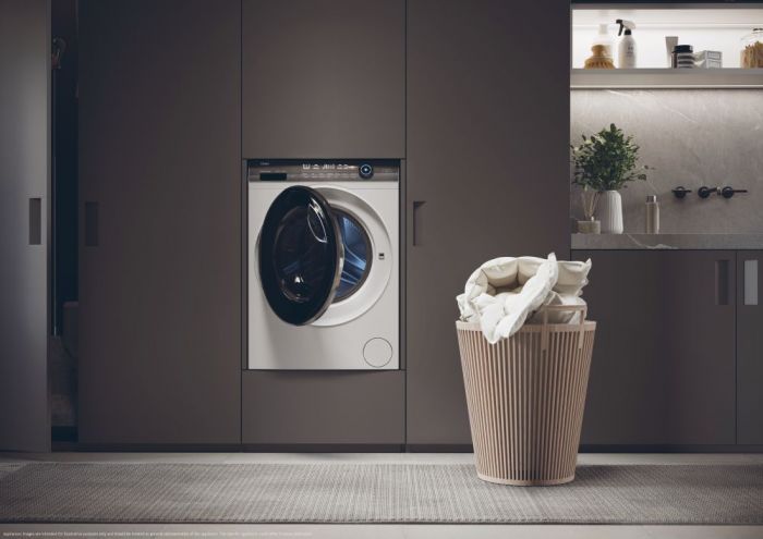 Пральна машина Haier фронтальна, 9кг, 1400, A+++, 52см, дисплей, пара, інвертор, люк чорний, білий