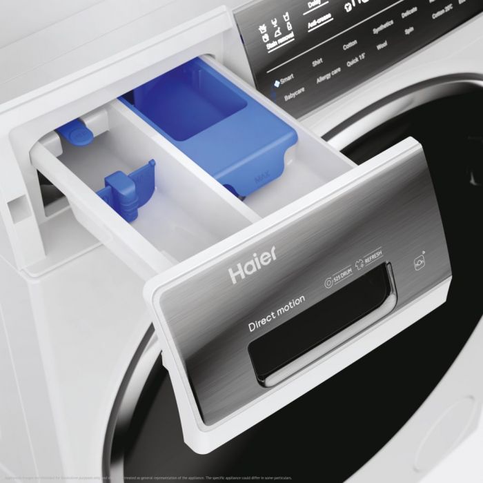 Пральна машина Haier фронтальна, 9кг, 1400, A+++, 52см, дисплей, пара, інвертор, люк чорний, білий