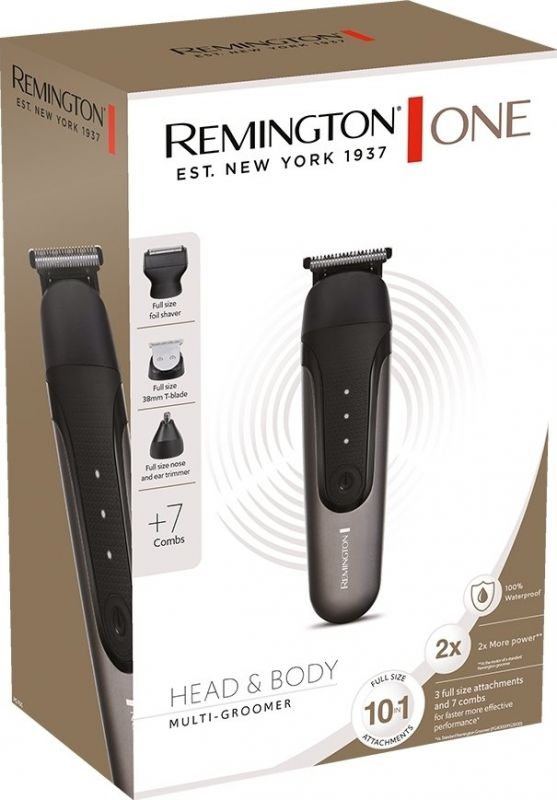 Тример Remington One, для бороди, вусів, голови, носа та тіла, акум., насадок-9, 60 хвил роботи, сталь, чорний