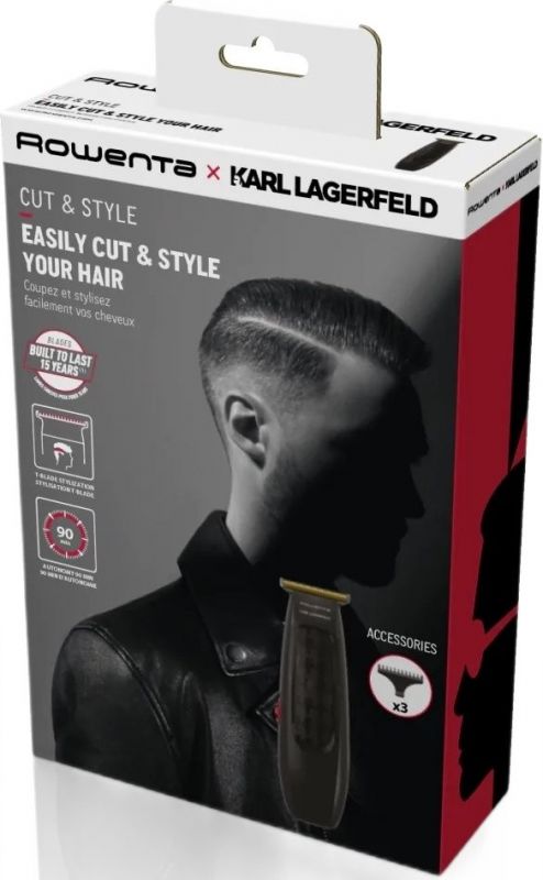 Машинка для стрижки Rowenta Karl Lagerfeld Cut & Style Stylization, акум., роторний мотор, насадок-3, 180хв роботи, сталь, чорний