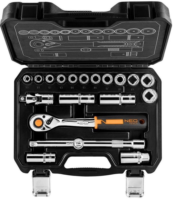 Набір інструментів Neo Tools, Набір торцевих головок, 20шт, 1/2", тріскачка 90 зубців, CrV, кейс