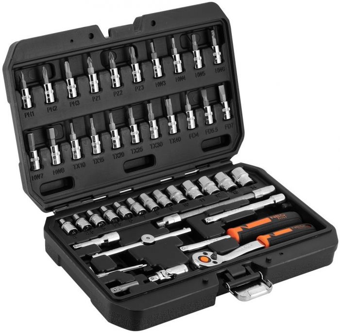 Набір інструментів Neo Tools, Набір торцевих головок, 46шт, 1/4", CrV, кейс