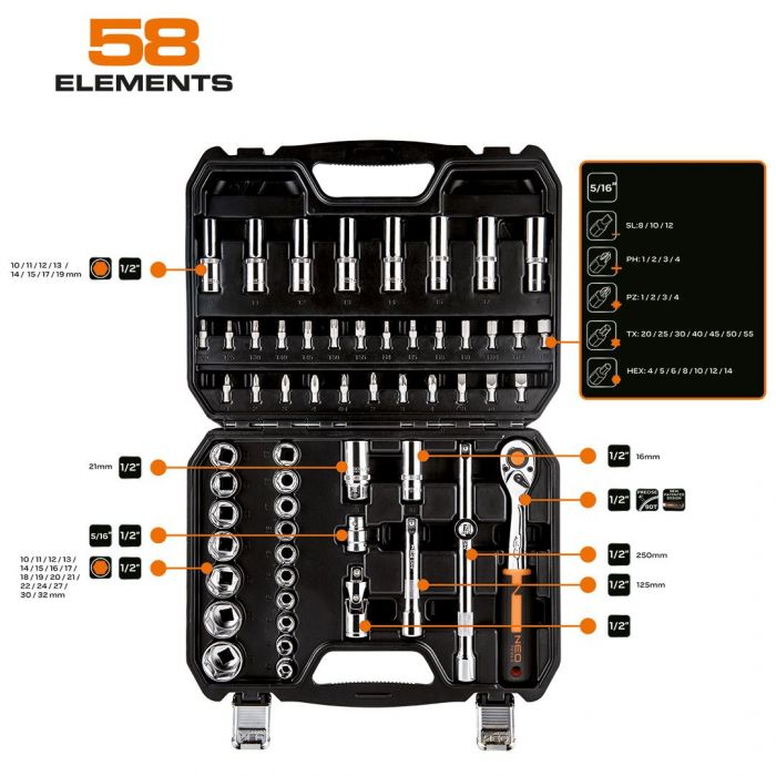 Набір інструментів Neo Tools, Набір торцевих головок, 58шт, 1/2", CrV, кейс