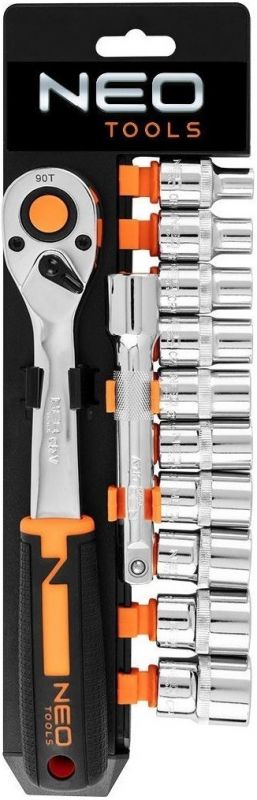 Набір торцевих головок Neo Tools, 12шт, 1/2", тріскачка 90 зубців, CrV