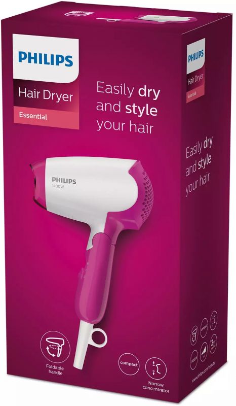 Фен Philips DryCare Essential дорожній, 1200Вт, 3 режими, хол. обдув, рожевий