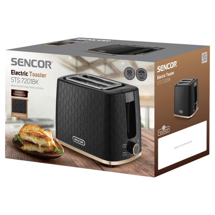 Тостер Sencor 930Вт, підігрів, розморожування, пластик, чорно-золотий