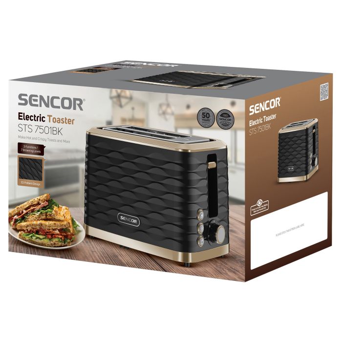Тостер Sencor 930Вт, підігрів, розморожування, підсвічування, пластик, чорно-золотий
