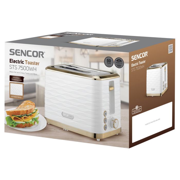 Тостер Sencor 930Вт, підігрів, розморожування, підсвічування, пластик, біло-золотий