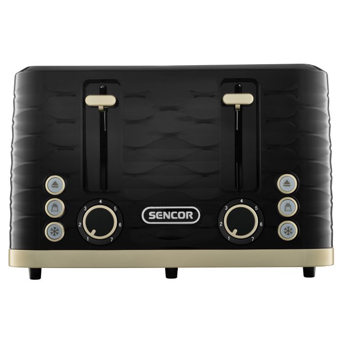 Тостер Sencor 1600Вт, підігрів, розморожування, 4 слоти, пластик, чорно-золотий