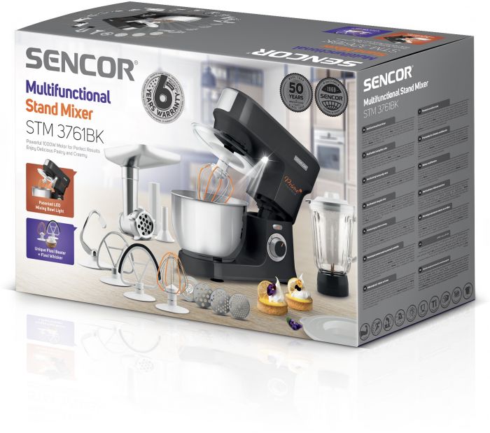 Кухонна машина Sencor 1000Вт, чаша-метал, корпус-пластик, насадок-15, чорний
