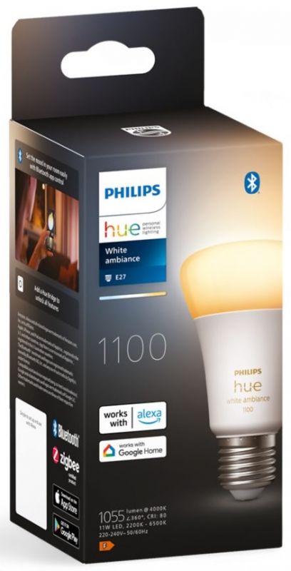 Лампа розумна Philips Hue E27, 11W(60Вт), 2200K-6500K, Tunable white, ZigBee, Bluetooth, димування