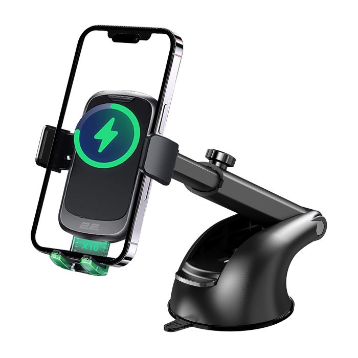 Автомобільний тримач смартфона 2Е автоматичний/бездротова зарядка, 2хUSB 60Вт