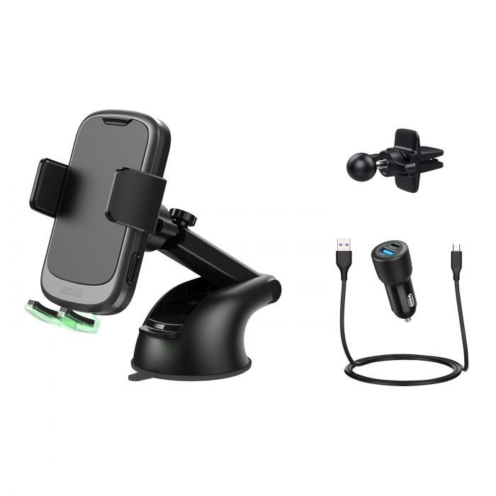 Автомобільний тримач смартфона 2Е автоматичний/бездротова зарядка, 2хUSB 60Вт
